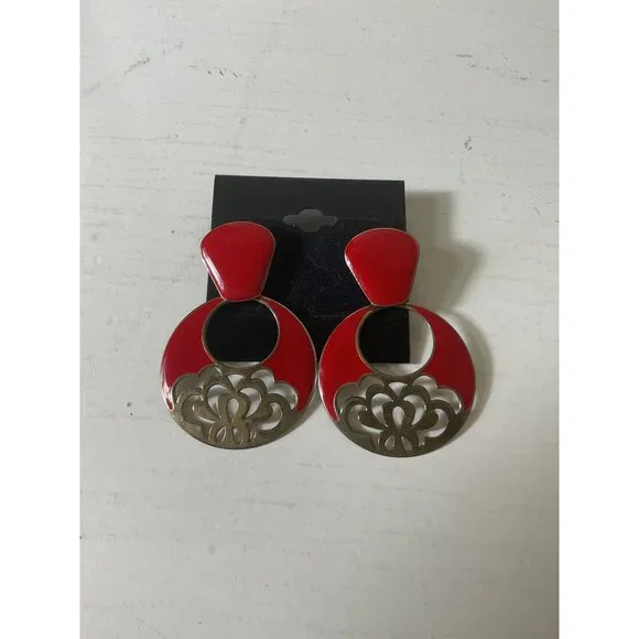 Vintage Red & Brass Floral Dangle Post Back Earrings