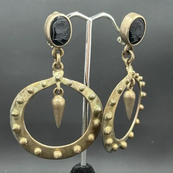 Vintage Sterling Silver Clip-On Earrings with Carved Black‎ Onyx Cameos – 2.75