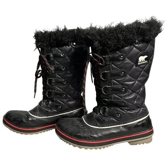 SOREL Tofino Cate Black‎ Quilted Waterproof Snow Boots Sz 8 Winter Fur Trim