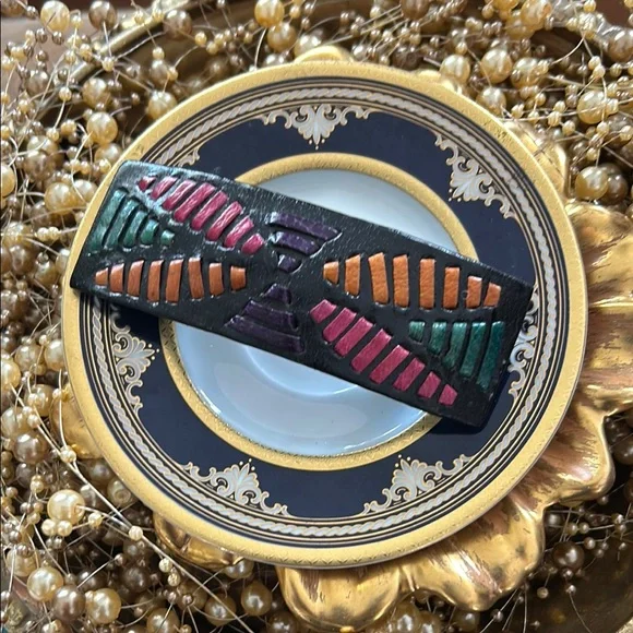 Vintage Genuine Leather Butterfly or Geometric Patterned Barrette