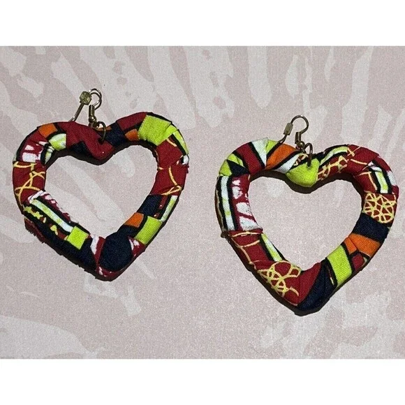 Vintage Womens Handmade Fabric Heart Dangle Earrings Large 80s Punk Rave