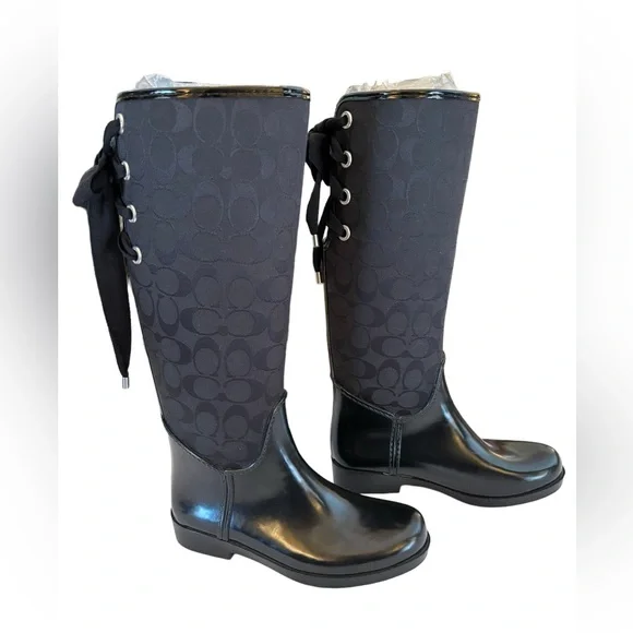 Coach Women’s Tristee Black Rain Boots with Stylish Back Laces Size‎ 6