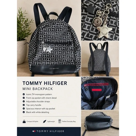 Tommy Hilfiger TH Monogram Mini Backpack Black White Logo Bag Charm