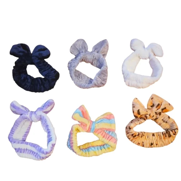 Seven (7) Colorful Fuzzy Spa Headbands With Bow, New without Tags