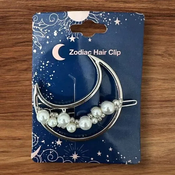 NWT 2 Inch Zodiac Gold Plated Metal Imitation Pearl Half Moon Hair Clip Barrette