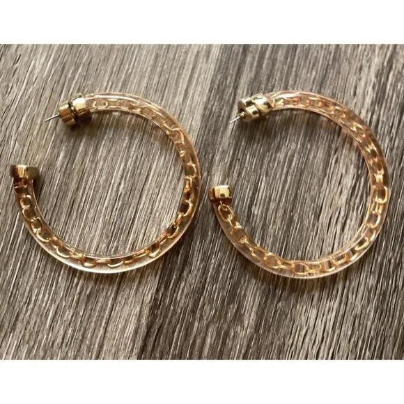 Vintage 80’s Largo Gold Tone Hoop Dangle Earrings Poured Lucite Statement Sz 3”