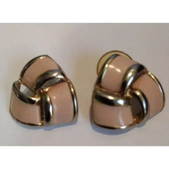 Vintage Peach Enamel Earrings Triangle Shaped Peach and Gold