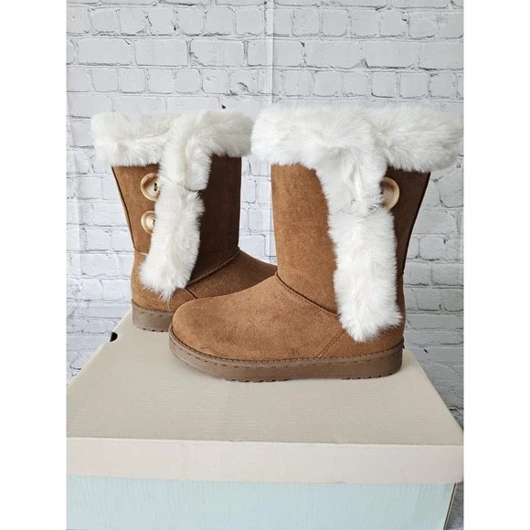 SO Women's Chestnut Mid Calf Faux Fur‎ Lined Winter Boots Cold Weather 6.5