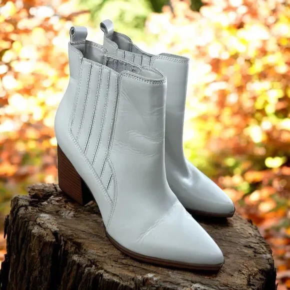Marc Fisher Women's Matter Block Heel Booties Sz 7.5 M White Leather Pointy Toe