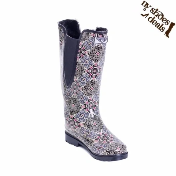 Women's Rubber Rain Boots w/ Faux Fur Lining, Kaleidoscope Design, Garden Boots