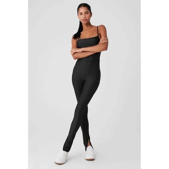 Alo Yoga Black Airlift Disco Daze Onesie Flare Leg Bodysuit Medium W8140R