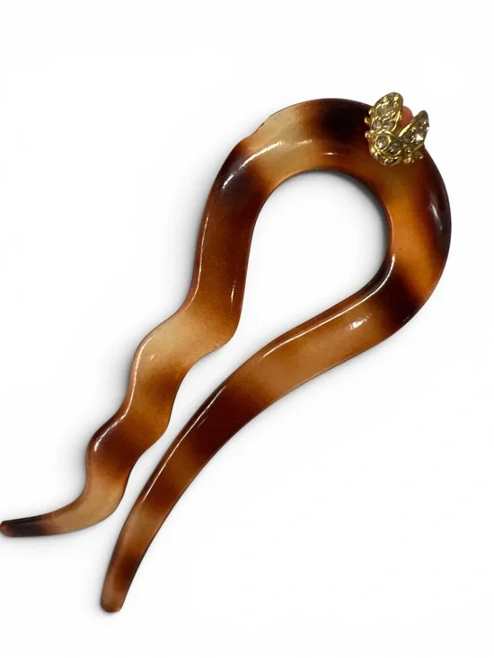 Tortoiseshell-Style Hair Fork w/ Gold-Coral-Diamond -style Ladybug Accent France