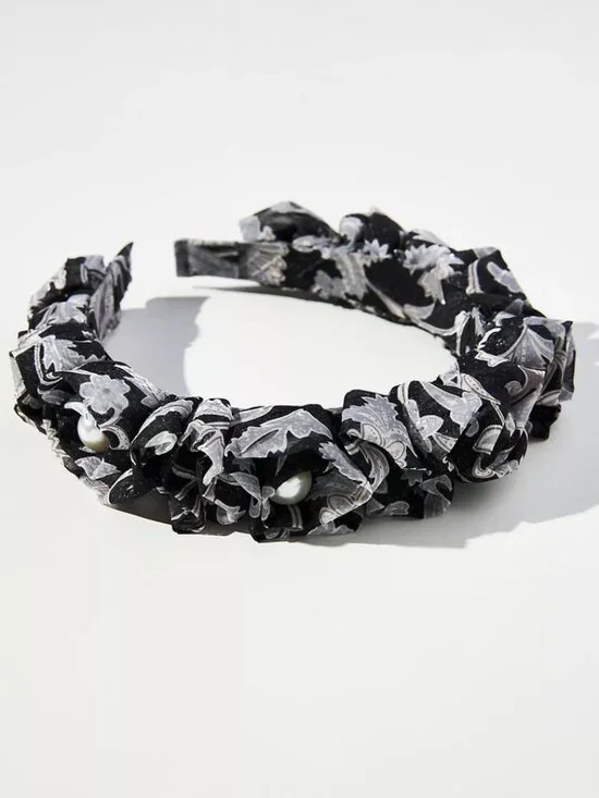 Anthropologie Black Floral Embellished Pearl Ruffle Headband New