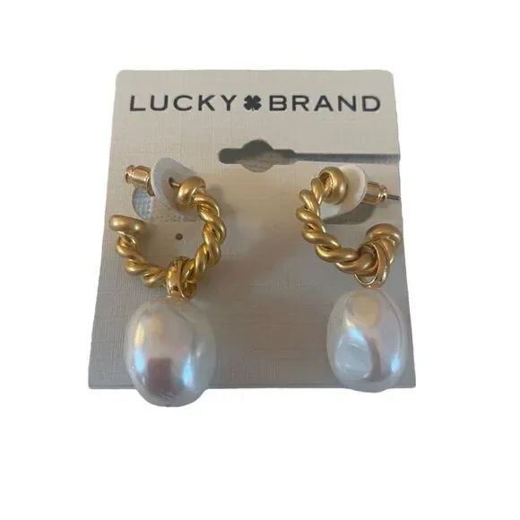 Pearl Drop Braided Yellow Gold Toned Hoops.