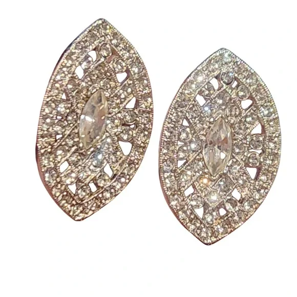 Kenneth Jay Lane Silver Tone Rhinestone Marquise Clip On Statement Earrings