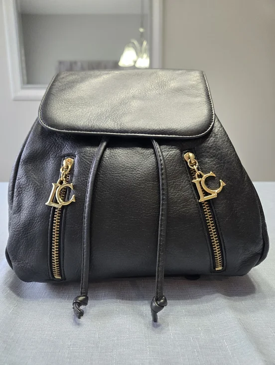 Vintage Liz Claiborne Black Leather Mini Backpack Gold LC Zipper Pulls
