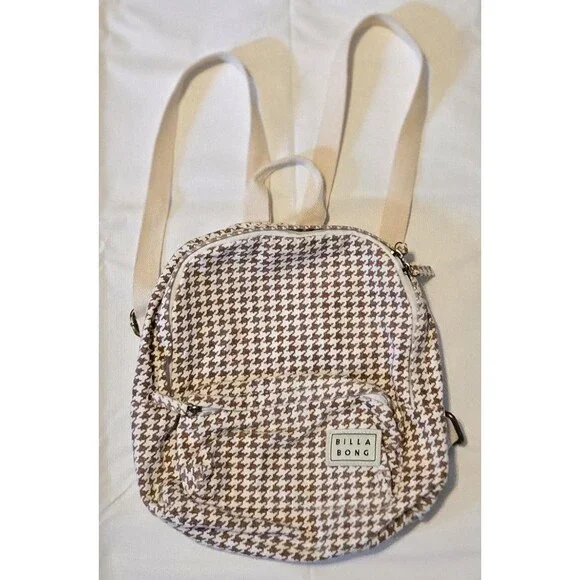 Billabong Mini Mama Houndstooth Backpack Purse Brown Beige Small Cotton‎ Bag