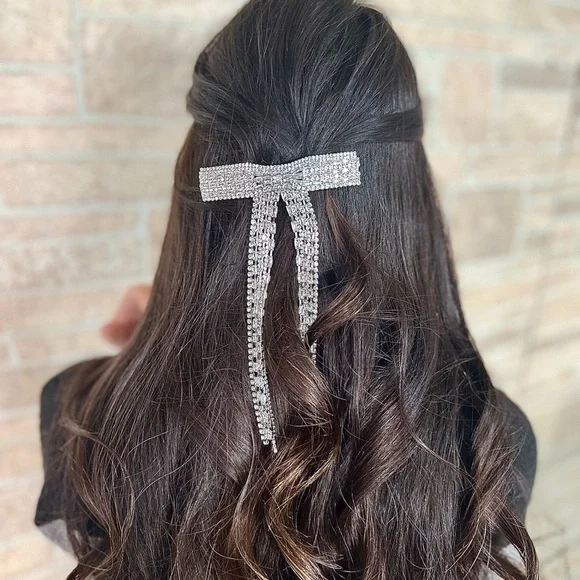 Rhinestone bow barrette anti slip grip