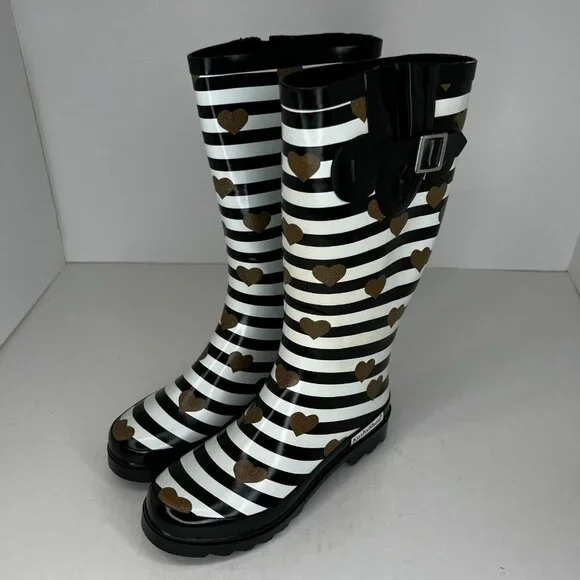 Kushyshoo Womens Black Striped Heart Rubber Mid Calf Size 7 Rain Boots
