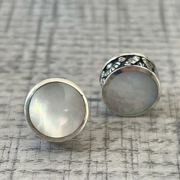Sterling Silver Mother of Pearl Circular Stud Earrings with Antiqued Detail