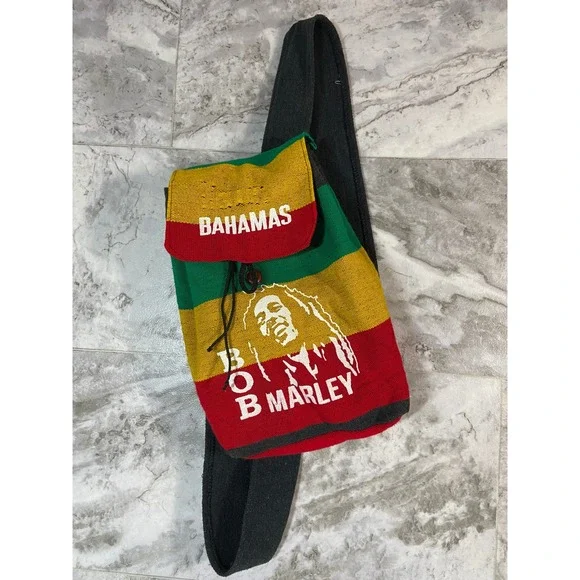 Vintage Bob Marley Bahamas Rasta Striped Drawstring Mini Backpack Bag