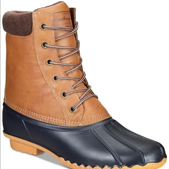 Waterproof, Adam Duck Boots Tan leather, blue rubber on bottom, Unisex NWOT