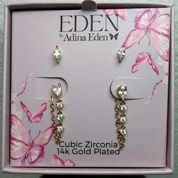 Adina Eden‎ 14k Gold Plated Earrings with Cubic Zirconia set of 2 pair