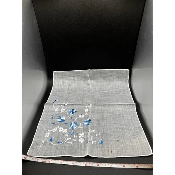 Vintage Blue And Silver‎ Flower Embroidered Hankerchief