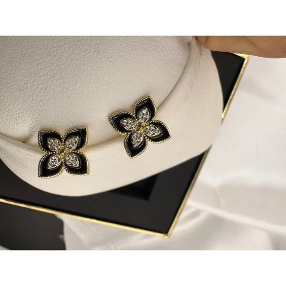 Gold‎ Tone Black Enamel Flower Stud Earrings Pavé Crystal Center