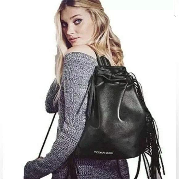 Victoria's Secret Black Faux Leather Fringe Hobo Women's Backpack