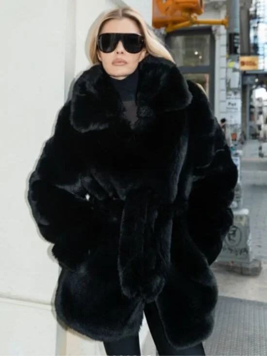 Alo Yoga‎ Starstruck Faux Fur Coat Black Belted Size S