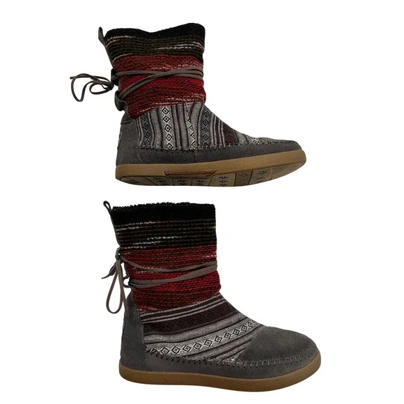 TOMS Nepal Boots Grey Suede Woven Tapestry Faux Fur Lining Mid Calf Size 7