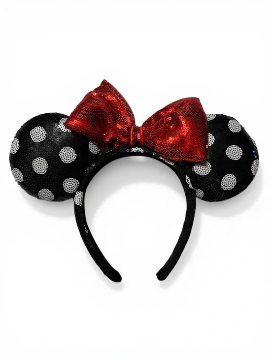 Disney Park Minnie Mouse Sequin Polka Dot Ear Headband Red Bow Costume Accessory