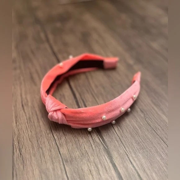 BP Florescent Pink Knotted Headband with Pearl Accents
