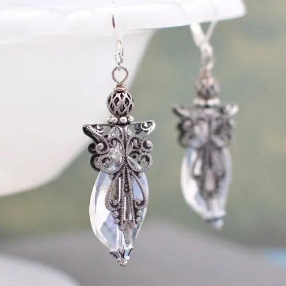 Silver Filigree and Crystal Angel Earrings