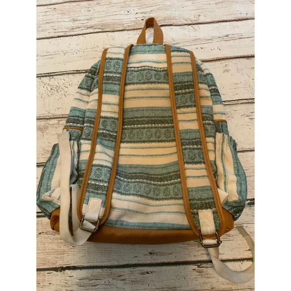 Billabong Canvas Backpack Teal Blue Geometric Stripe Boho Laptop Bag Home Abroad