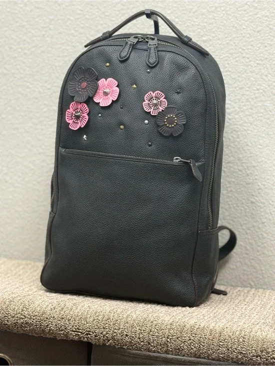 Black Tea Rose Appliqué Leather Backpack