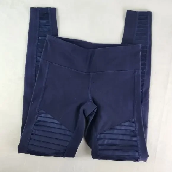 ALO Moto Navy Leggings Size X-Small Glossy‎ Stretch Moisture Wicking Mesh Detail