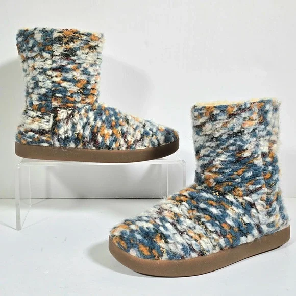 Sanuk Toasty Tails Short Pull-on Boots Womens Size 6.5 Dusty Teal Speckle‎ Knit