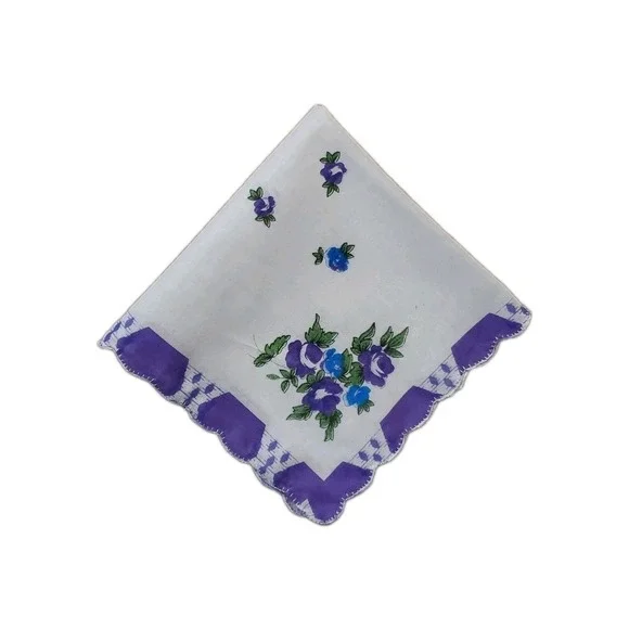 Linen Purple Rose Floral Handkerchief Scalloped Cottage Core Bridesmaid Granny