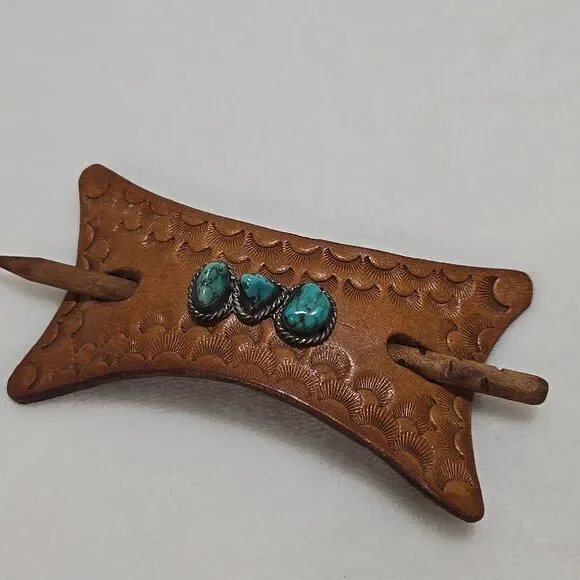 Leather Hair Barrette with Turquoise Stones