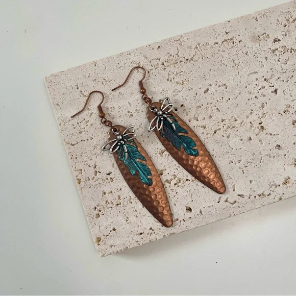 3/$20 Hammered Copper Teal Patina Feather Silver Dragonfly Earrings