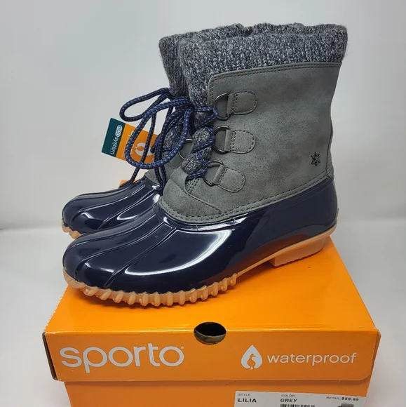 Womens Sporto Lilia Duck Waterproof Boots Blue Grey Size 8 Lace‎ Up New