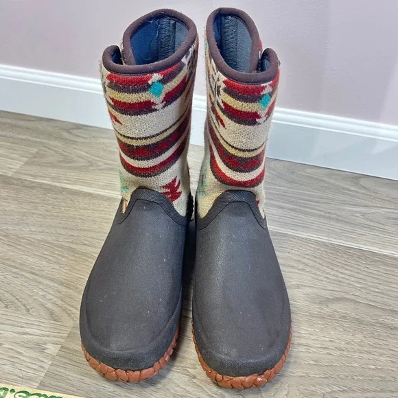 LaCrosse Women 10 Brown Southwestern Rubber Boots Gorpcore Aztec Rain Cabin core
