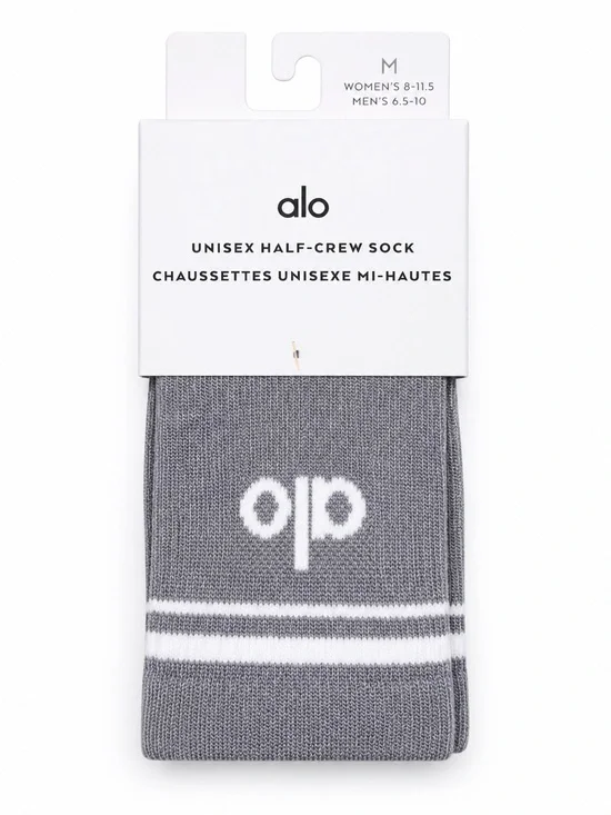 Alo Yoga Gray Half Crew Socks M Unisex Athletic Heather White Crew NWOT