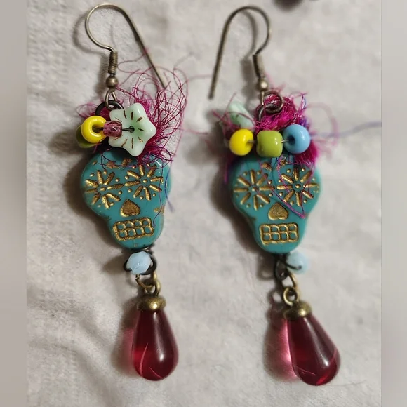 Teal Glass Skull Earrings w/ Vintage Lucite Drops