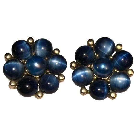 Lisner Vintage Blue Cats Eye Cabochon Floral Cluster‎ Clip On Earrings Gold Tone