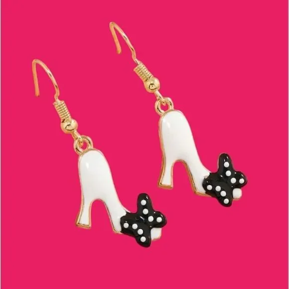 Vintage Style Barbie Heels Polka Dot Bow Charm Dangle Statement Earrings