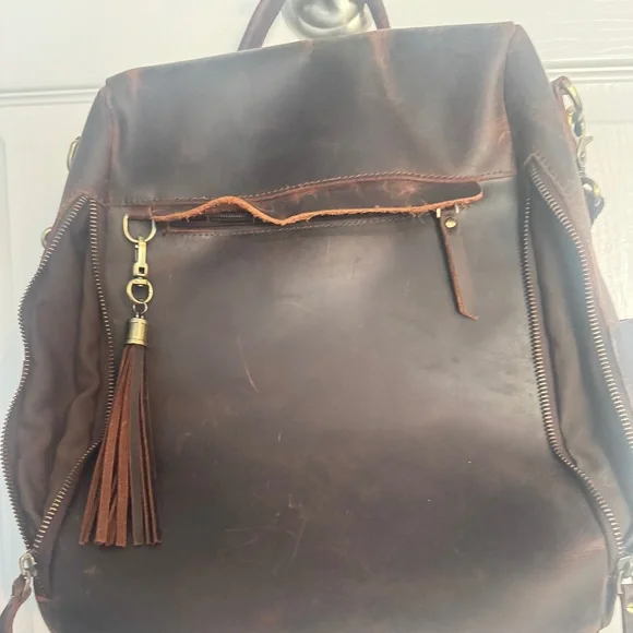 Brown Cognac Distressed Leather Backpack Tassel