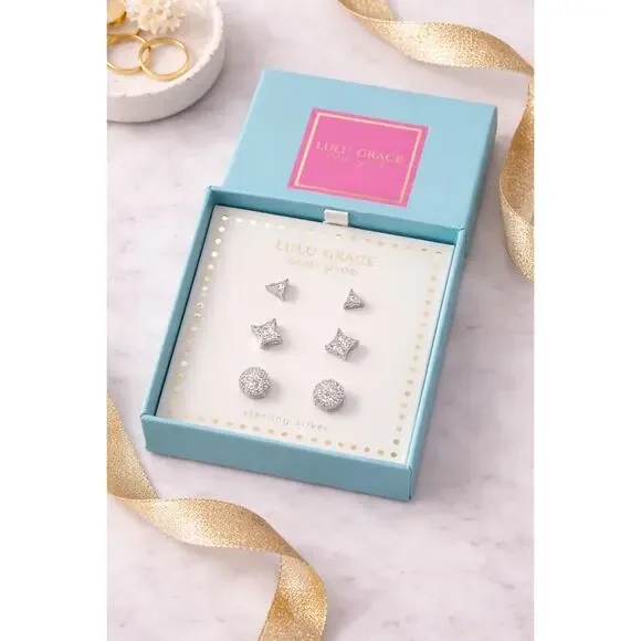 NIB LULU GRACE sterling silver & cubic zirconia set of 3 stud earrings